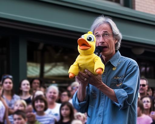 Bob 67 years old. Performing his Trendy Rubber Duck Ventriloquist act. Rubber Duck puppet. crowd of crying children. Photograph --ar 5:4 --v 5.1