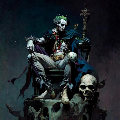 Detailed renaissance painting the DC Comics The Joker sitting on a skull encrusted throne with a jester headed black cane. The background is a moonlit night sky casting foreboding shadows on the subject