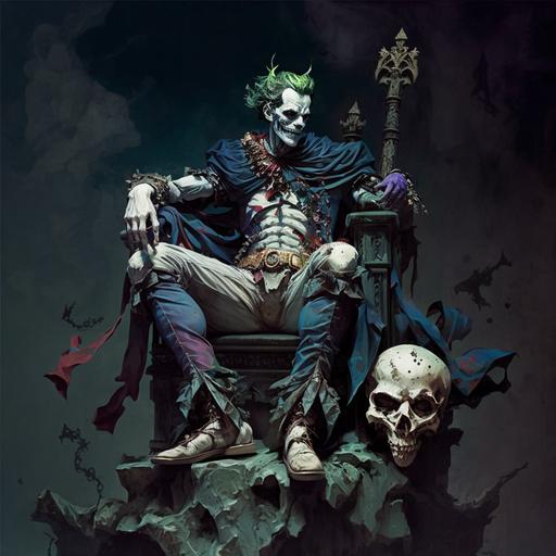 Detailed renaissance painting the DC Comics The Joker sitting on a skull encrusted throne with a jester headed black cane. The background is a moonlit night sky casting foreboding shadows on the subject