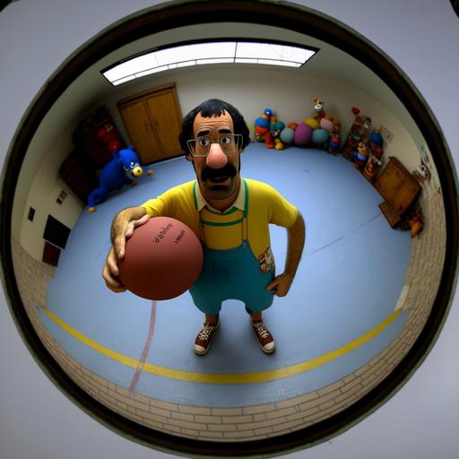 Bob from Bob's Burgers playing basket ball with Winnie the Pooh. Fisheye lens, high def, ultra hyper realistic.