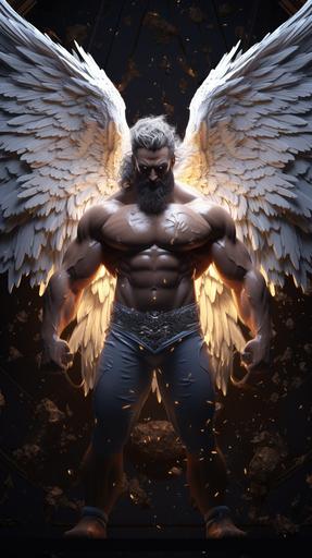 Bodybuilder fat turkish mature catboy Angelarium, wind,white and black metal wings, reflecting light, flying through night sky, fantasy art, ultra - detailed, Natural Lighting, Moody Lighting, Cinematic Lighting, Volumetric Lighting, 8k, trompe l'oeil, kaleidoscopic --ar 9:16