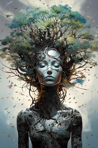 Bohemian Arboreal Cyborg, Arboreal hair, abstract portrait in realistic cartoon style, palette knife texture, strong outlines, surreal tree head --ar 2:3 --c 15 --s 222