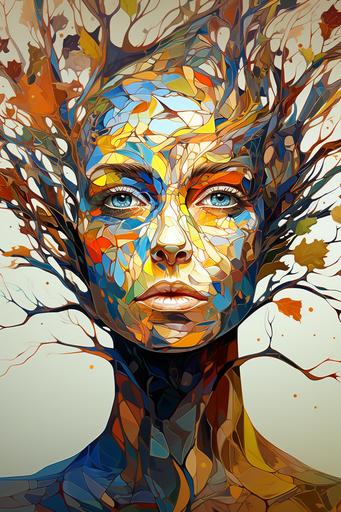 Bohemian Arboreal Cyborg, Arboreal hair, abstract portrait in realistic cartoon style, palette knife texture, strong outlines, surreal tree head --ar 2:3 --c 15 --s 222