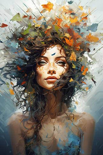 Bohemian Arboreal Soul, Arboreal hair, abstract portrait in realistic cartoon style, palette knife texture, strong outlines, surreal tree head --ar 2:3 --c 15 --s 222