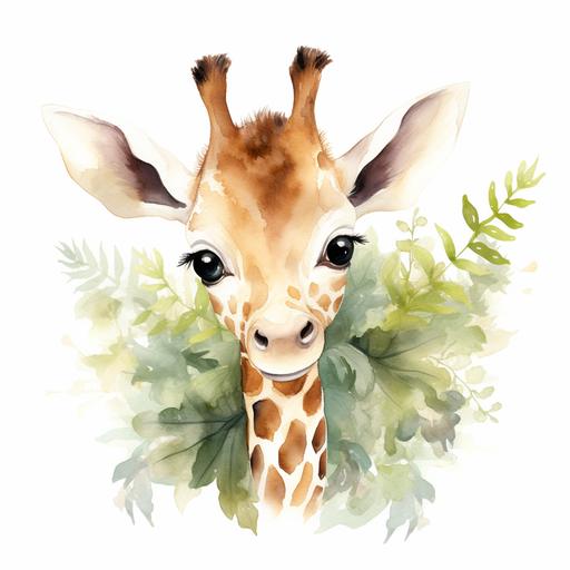 Boho Cute giraffe Animals Baby Watercolour Animals Baby. white background leaves