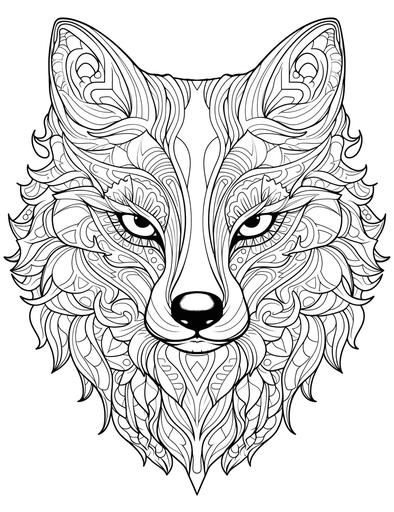 Boho fox with tribal patterns, Boho coloring page, 2d outlined, clean and thick lines, black background, less elements:: : Coloring Page --ar 17:22