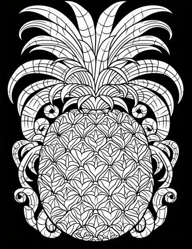 Boho-inspired pineapple with geometric patterns, Boho coloring page, 2d outlined, clean and thick lines, black background, less elements:: : Coloring Page --ar 17:22
