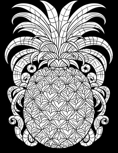 Boho-inspired pineapple with geometric patterns, Boho coloring page, 2d outlined, clean and thick lines, black background, less elements:: : Coloring Page --ar 17:22