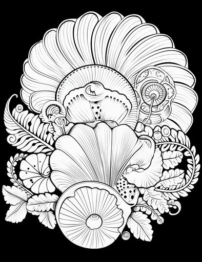 Boho-inspired seashell with patterns, Boho coloring page, 2d outlined, clean and thick lines, black background, less elements:: : Coloring Page --ar 17:22