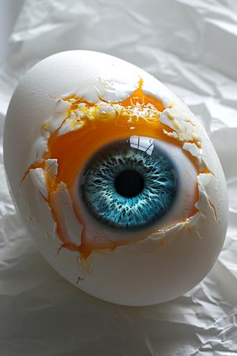 Boiled egg with a realistic eye iris instead of a yolk --ar 2:3 --v 6.0