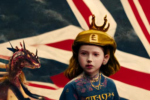 Union jack in the background, photo realistic beautiful child queen elizabeth, Riding a dragon, gold crown with logo, the Clash style by Wes Anderson and David Fincher --ar 3:2 --uplight