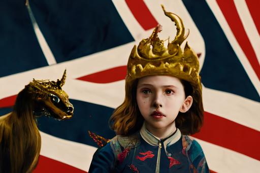 Union jack in the background, photo realistic beautiful child queen elizabeth, Riding a dragon, gold crown with logo, the Clash style by Wes Anderson and David Fincher --ar 3:2 --uplight