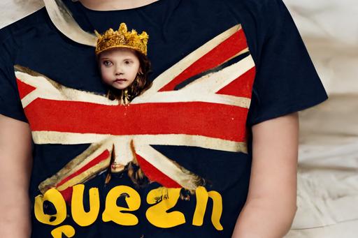 Union jack , photo realistic beautiful young child queen elizabeth, wearing god save the queen t-shirt, gold crown with logo, the Clash style by Wes Anderson and David Fincher --ar 3:2 --uplight