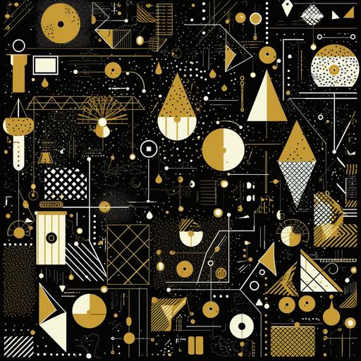Book cover design pattern , geometric sketch style doodle random items minimalistic. Colorscheme is black silver and gold , black backdrop. Make thin fine doodles and maximise space used for doodles. Include doodles that invokes science/scholarly imagery
