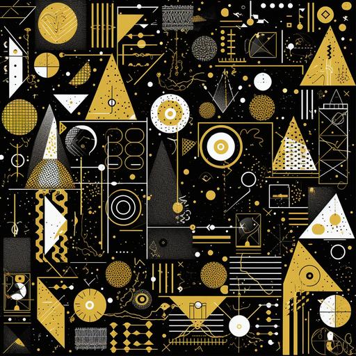 Book cover design pattern , geometric sketch style doodle random items minimalistic. Colorscheme is black silver and gold , black backdrop. Make thin fine doodles and maximise space used for doodles. Include doodles that invokes science/scholarly imagery