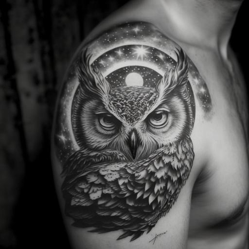 a man's strong arm, pumped up, shoulder, small tattoo on the shoulder, a star, circle of an owl