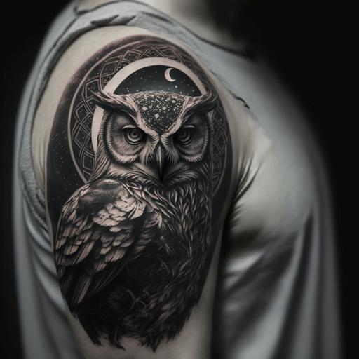 a man's strong arm, pumped up, shoulder, small tattoo on the shoulder, a star, circle of an owl