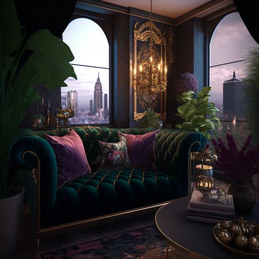 a realistic picture of luxurious penthouse flat with the London city view, colors are deep green, gold and violet, crystal chandelier, a lot of plants, space, it feels comfortable, relaxing, intimate but very luxurious, oriental carpets, sophisticated light design, cushions, sofa, great for the party, excellent quality