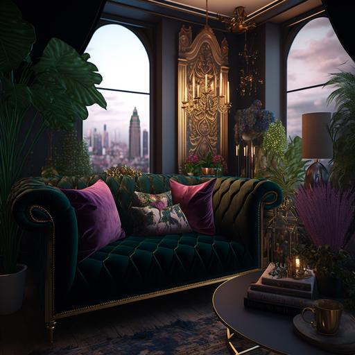 a realistic picture of luxurious penthouse flat with the London city view, colors are deep green, gold and violet, crystal chandelier, a lot of plants, space, it feels comfortable, relaxing, intimate but very luxurious, oriental carpets, sophisticated light design, cushions, sofa, great for the party, excellent quality