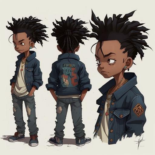 Boondocks cartoon style, disney style, character design, young boy, braids, wearing denim jacket, concept art, tattoos on face, ecuadorian male, red eyes, full body, action figure