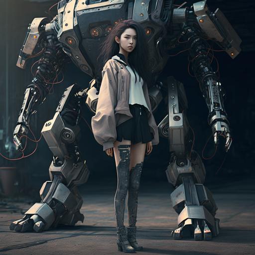 beautiful korean teen girl with robot legs, realistic, fullbody portrait, slim waist, details, 4k, cinematic, photography, futuristic scene