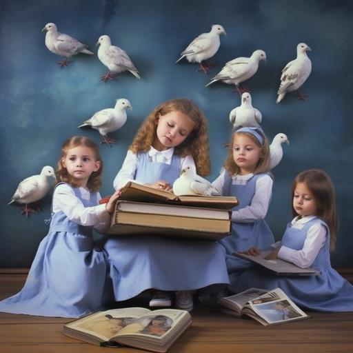 escuela moderna, muchos niños felices, palomas blancas en la mano de cada niños, arte moderno en fotografía tomada con las mejores especificaciones de una cámara.