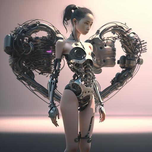 /pretty Korean teen girl with robotic leg, making a heart with hands, realistic, full body portrait, slim waist, details, 4k, cinematic, photography, futuristic scene