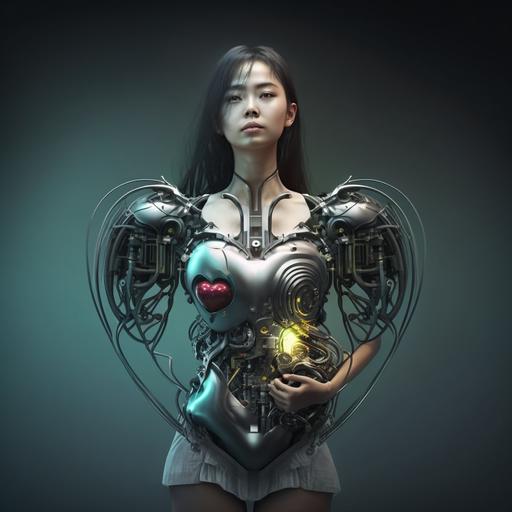 /pretty Korean teen girl with robotic leg, making a heart with hands, realistic, full body portrait, slim waist, details, 4k, cinematic, photography, futuristic scene