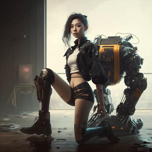 /pretty Korean teen girl with robotic leg, supper hero pose, realistic, full body portrait, slim waist, details, 4k, cinematic, photography, futuristic scene