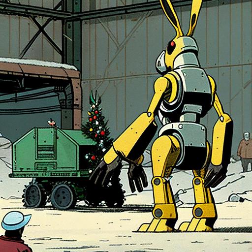 Boston Dynamics Spot like rabbit congratulate Christmas on construction cite vintage colors, monoeye, comic book style 70s
