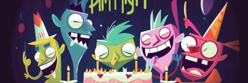 abstract, birthday cake, cake, candles, happy birthday banner, animated characters, 2d animated character, heluva boss hazbin hotel, phineas and ferbs, happy birthday text, funny and colorful mood --ar 3:1 --v 5 --upbeta