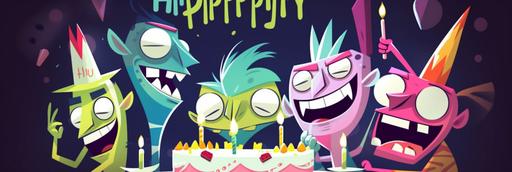 abstract, happy birthday banner, animated characters, 2d animated character, heluva boss hazbin hotel, phineas and ferbs, happy birthday text, funny and colorful mood --ar 3:1 --v 5 --upbeta