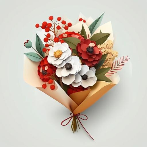 Bouquet of flowers wrapped in white paper, White background, Japanese cartoon style with some strong red