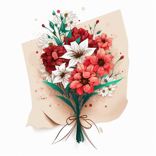 Bouquet of flowers wrapped in white paper, White background, Japanese cartoon style with some strong red