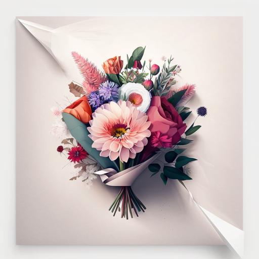 Bouquet of flowers wrapped in white paper White background Illustration that looks like a photograph Bright style, pink and red are a little strong