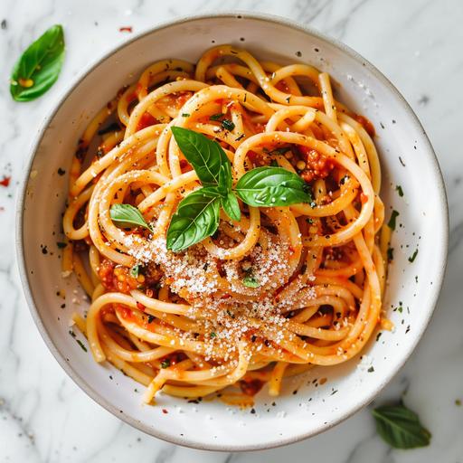 Bowl of spaghetti bolognese on white background