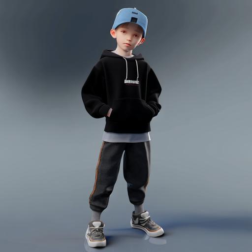 Box Style Boy, Cool, black, hat, hoodie, sweatpants, sneakers, whole body, one ear with earring, round inch hair, high nose, Clean background, Natural Light, 8K, Best Quality, Super Detail, 3D,Cinema 4D, Blender, OC renderer, ultra HD, 3D rendering--ar 3:4 --niji --v 5