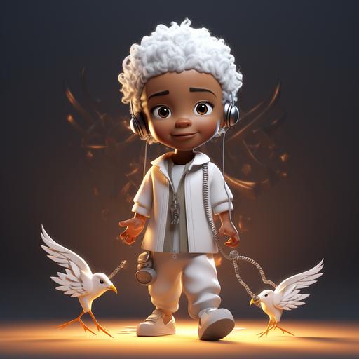 Boy, dark-skinned, full body, honey-colored eyes, white clothes, white turban on his head, wearing a necklace, style, carrying a white dove, in a message of peace, Disney, chibi, facing the camera, cute, smiling, unreal engineering , detailed, ultra high definition, 3D 8k