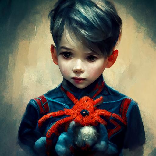 Boy holding a spider man in his hand