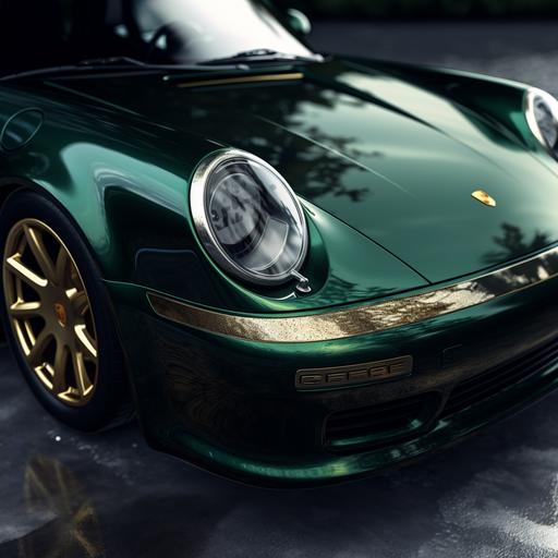 super crop, vintage Porsche 911 gt2 turbo in style hyper detailed realistic renderings monochrome masterpieces metallic deep green and gold accents, closeup on logo over car hood, seamless Porsche logo, no distortions --v 5