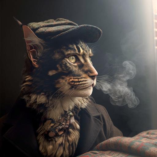 21st century Sherlock Holmes costume, wearing a hat, smoking a pipe