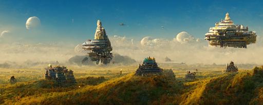 an ancient landscape with high temples scattered over a big mass of moorlands and a farmer looking up in the sky as a futuristic ship enters the sky heading towards the temples landing, 4k --ar 3:1
