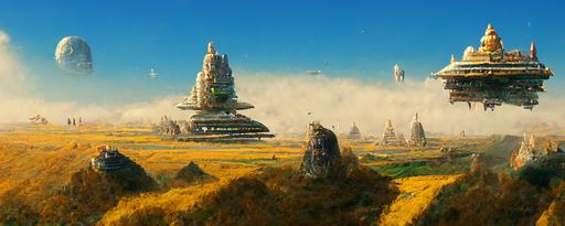 an ancient landscape with high temples scattered over a big mass of moorlands and a farmer looking up in the sky as a futuristic ship enters the sky heading towards the temples landing, 4k --ar 3:1