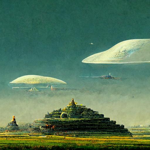an ancient landscape with high temples scattered over a big mass of moorlands and a farmer looking up in the sky as a futuristic ship enters the sky heading towards the temples landing,  2.39:1