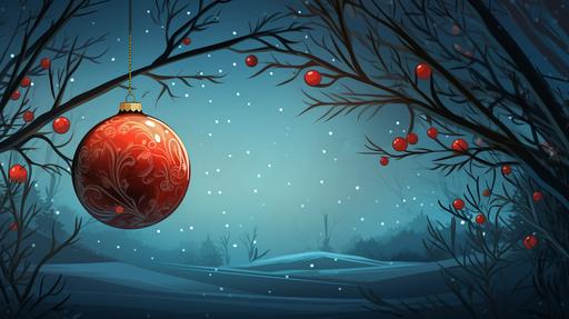 Branches of a Christmas tree, on the branches hangs a big beautiful red shiny ball , kids book illustration --ar 16:9