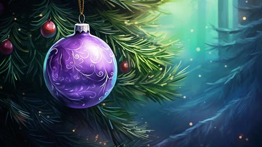 Branches of a green beautiful Christmas tree, on the branches hangs a big beautiful shiny purple ball , kids book illustration --ar 16:9