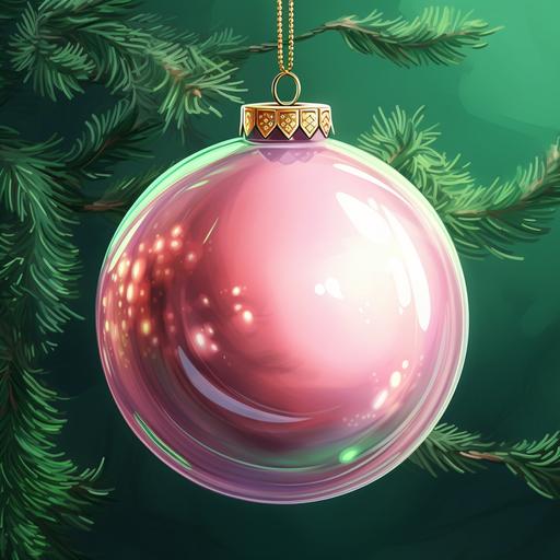 Branches of a green beautiful Christmas tree, on the branches hangs a big beautiful shiny pink ball , kids book illustration