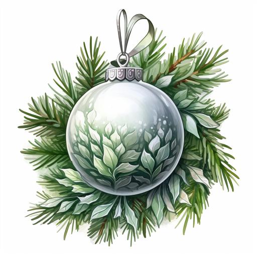 Branches of a green beautiful Christmas tree, on the branches hangs a big beautiful shiny white silver ball , kids book illustration