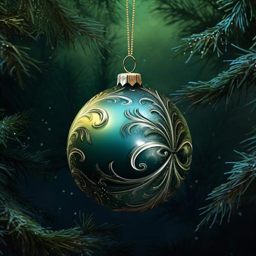 Branches of a green beautiful Christmas tree, on the branches hangs a big beautiful shiny silver ball , kids book illustration