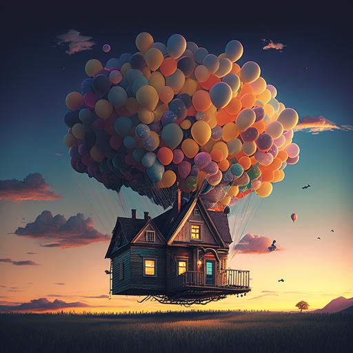 house, balloons, party, sunset
